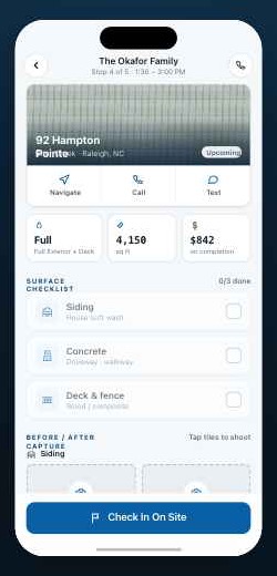 Crew app — on-site job with surface checklist and before/after capture
