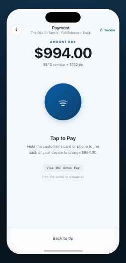 Crew app — tap to pay to charge the customer on site
