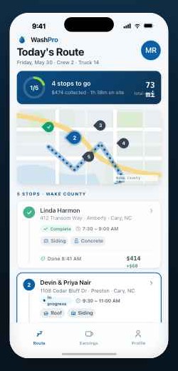 Crew app — today's route with stops, map, and collected total